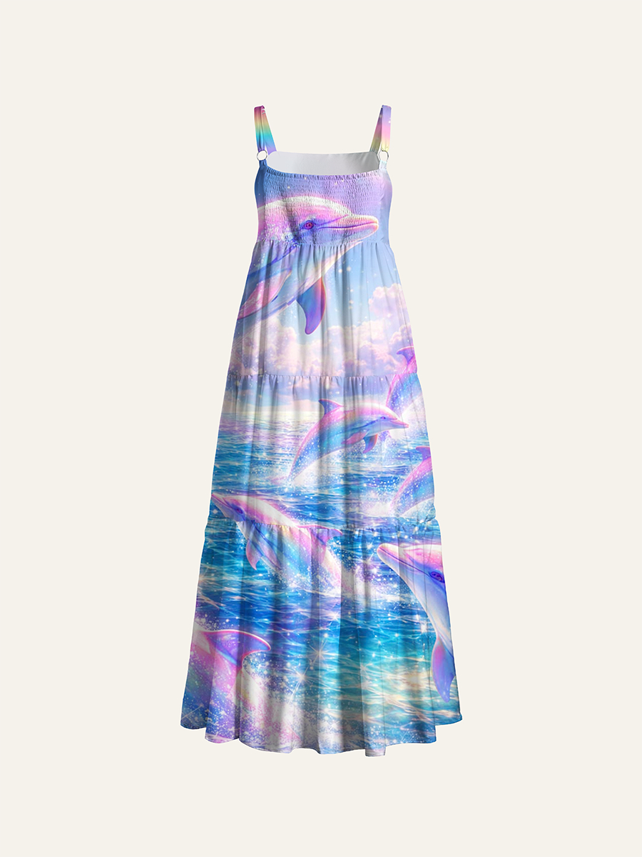 Glitter Rainbow Dolphin Ocean Kids Adjustable Wide Straps Maxi Dress