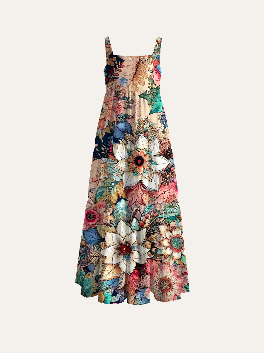 Mandala Floral Adjustable Wide Straps Maxi Dress