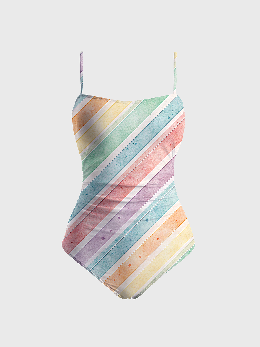Vintage Colorful Stripes One Piece Slim-Strap Swimsuit