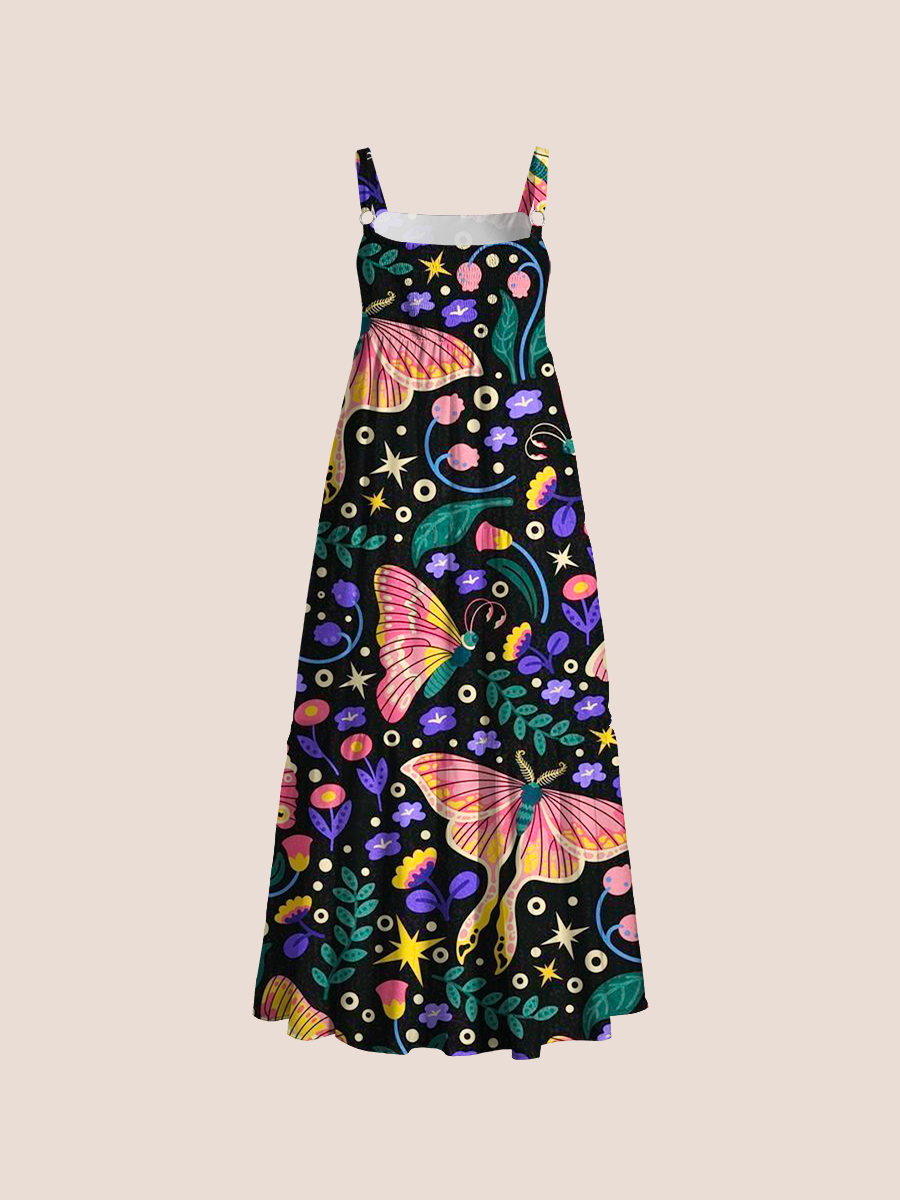 Boho Luna Moth And Flowers Adjustable Wide Straps Maxi Dress