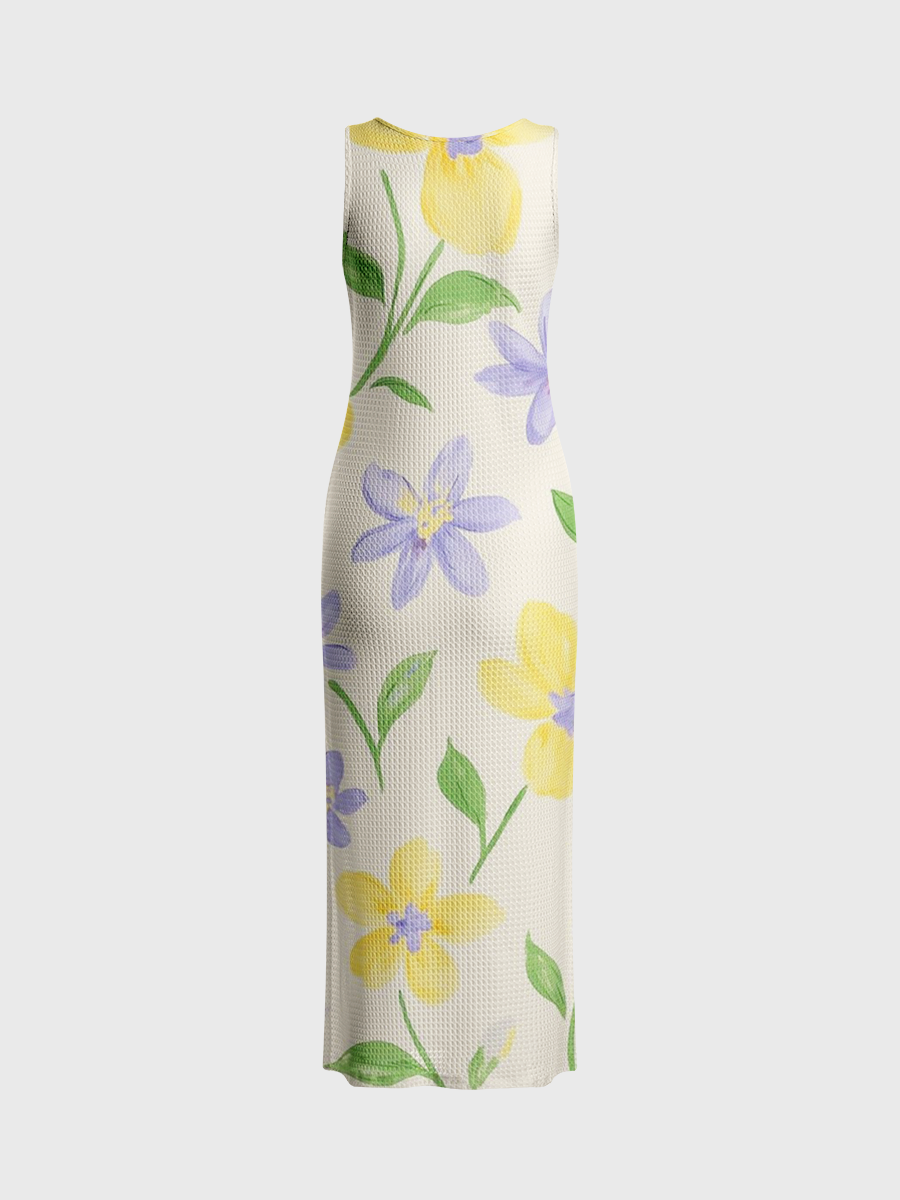 Pastel Watercolor Meadow Open Stitch Midi Dress