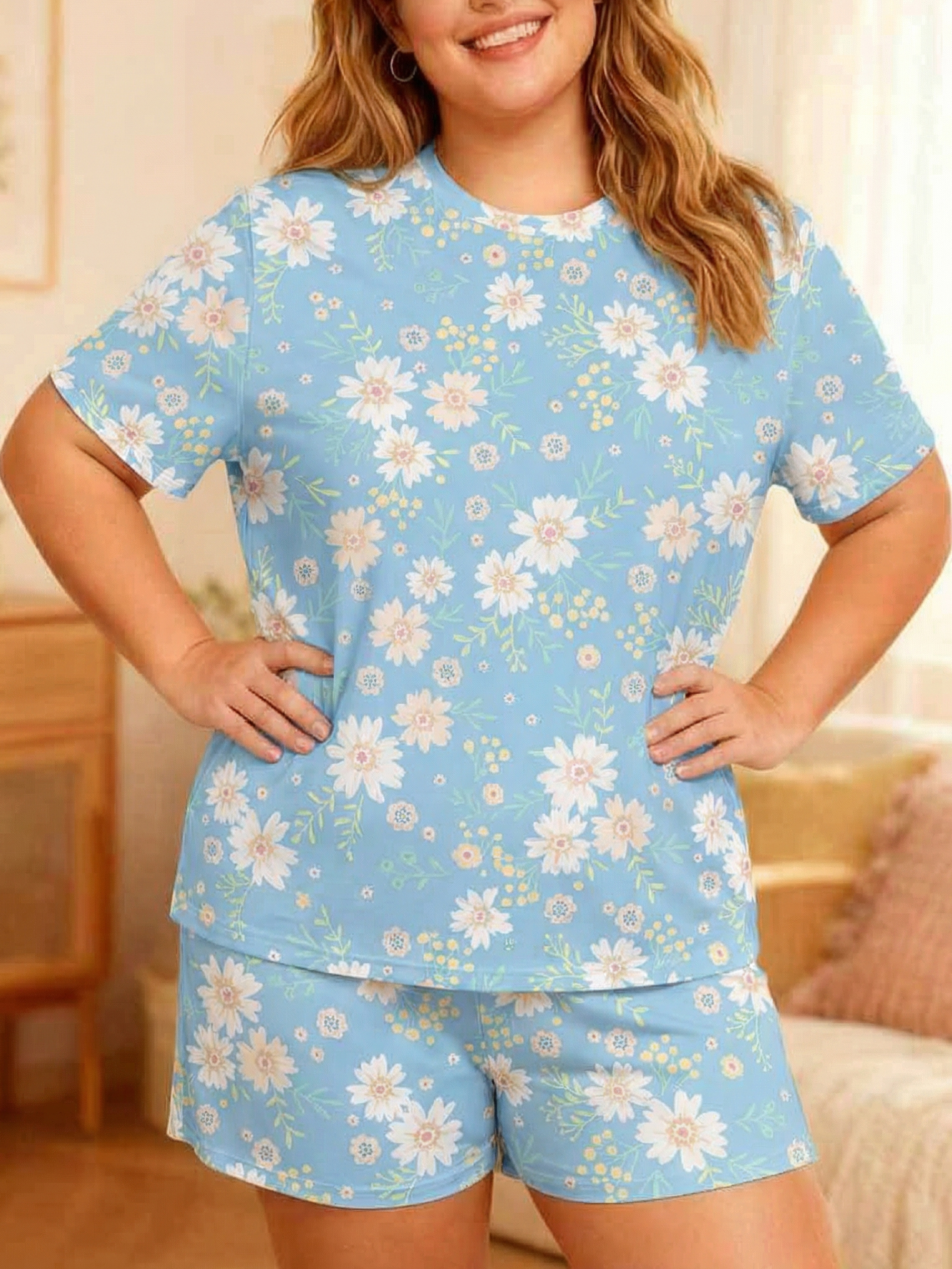 Vintage Sky Blue Floral Short Pajamas