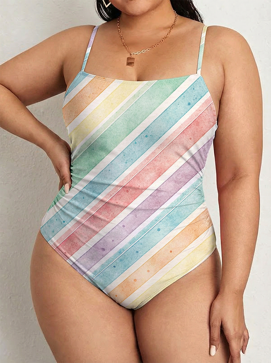 Vintage Colorful Stripes One Piece Slim-Strap Swimsuit