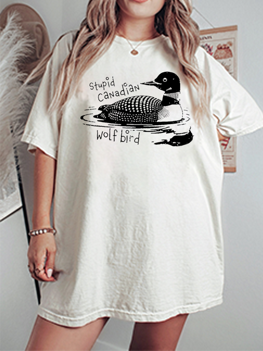 Vintage Stupid Canadian Wolf Bird Oversize Graphic Tee