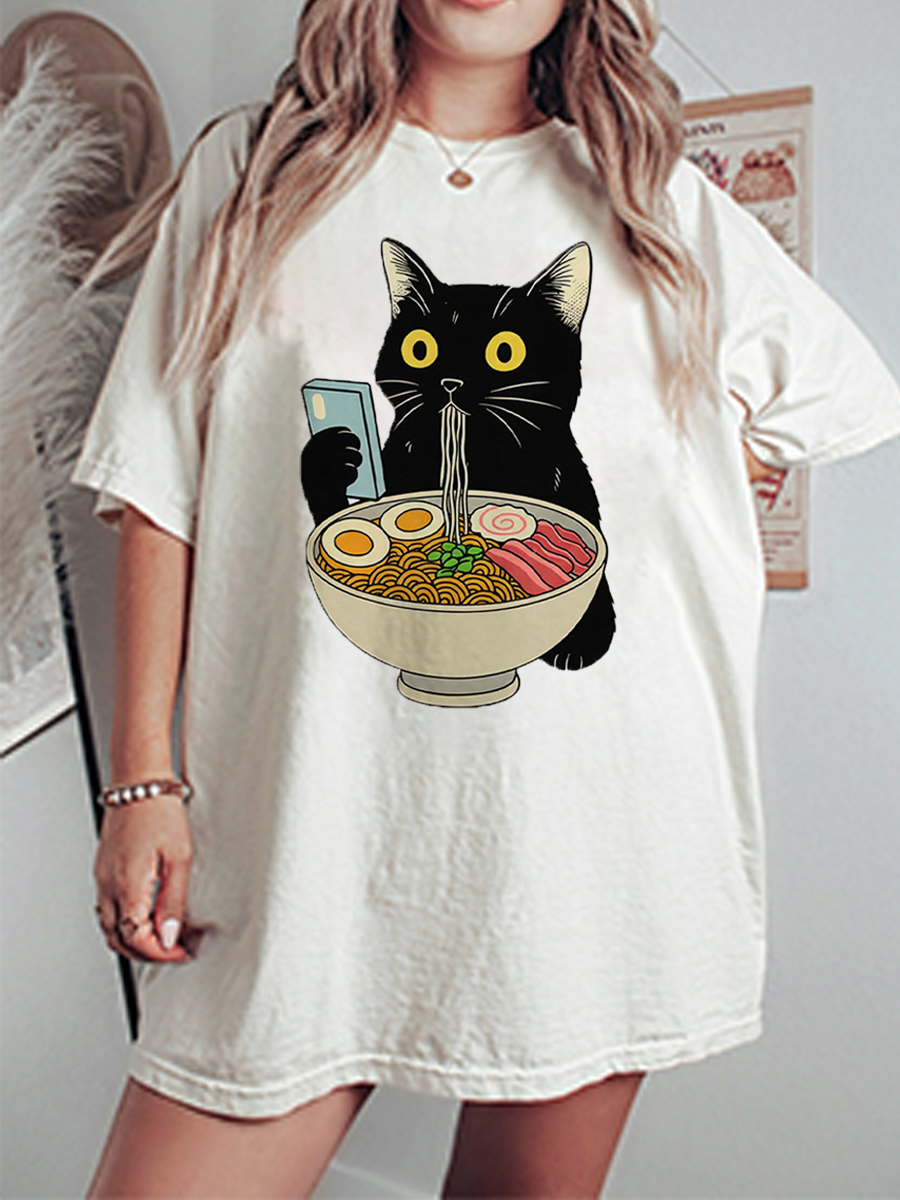 Vintage Cat Eating Ramen Oversize Graphic Tee
