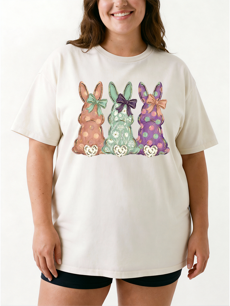Vintage Easter Bunnies Hand-Painted Rabbit Oversize Graphic Tee
