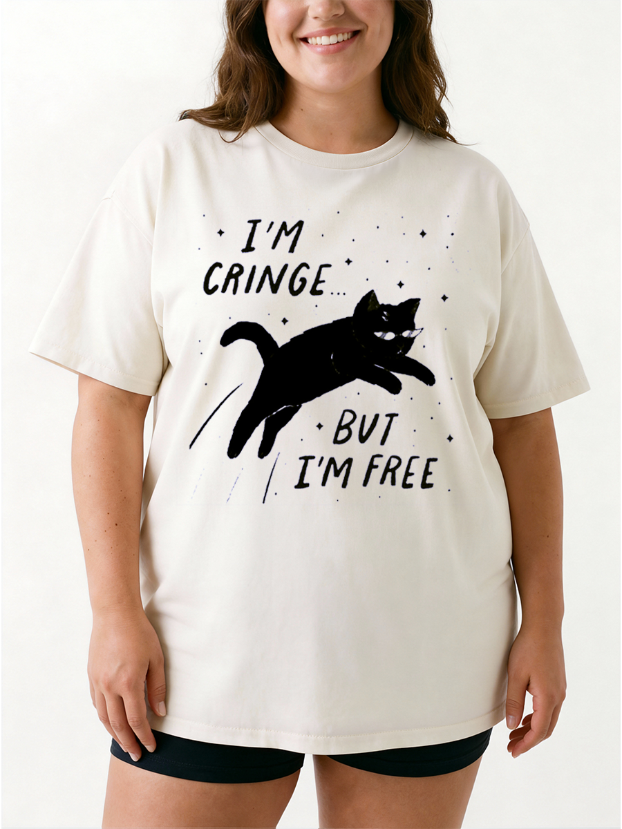 Vintage I’M Cringe… But I’M Free. Cat Oversize Graphic Tee