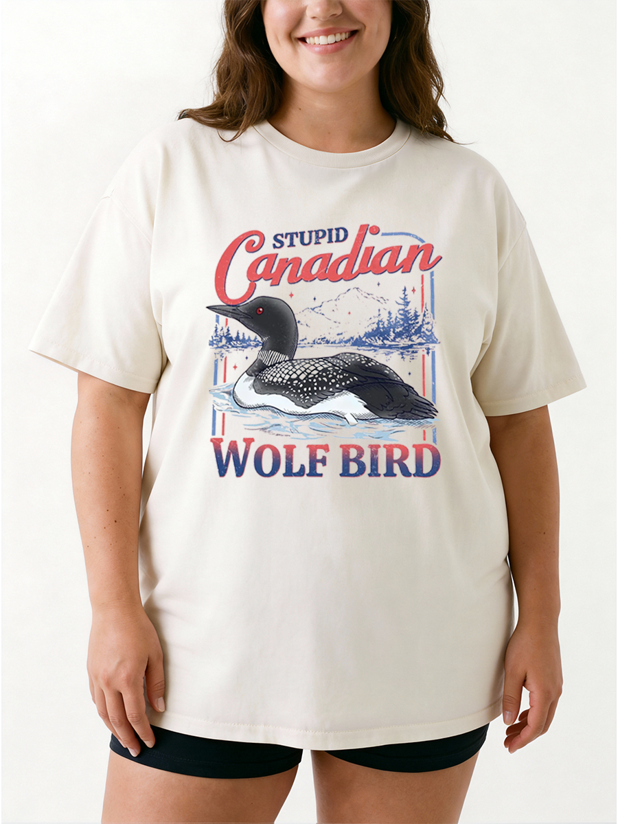 Vintage Stupid Canadian Wolf Bird Oversize Graphic Tee