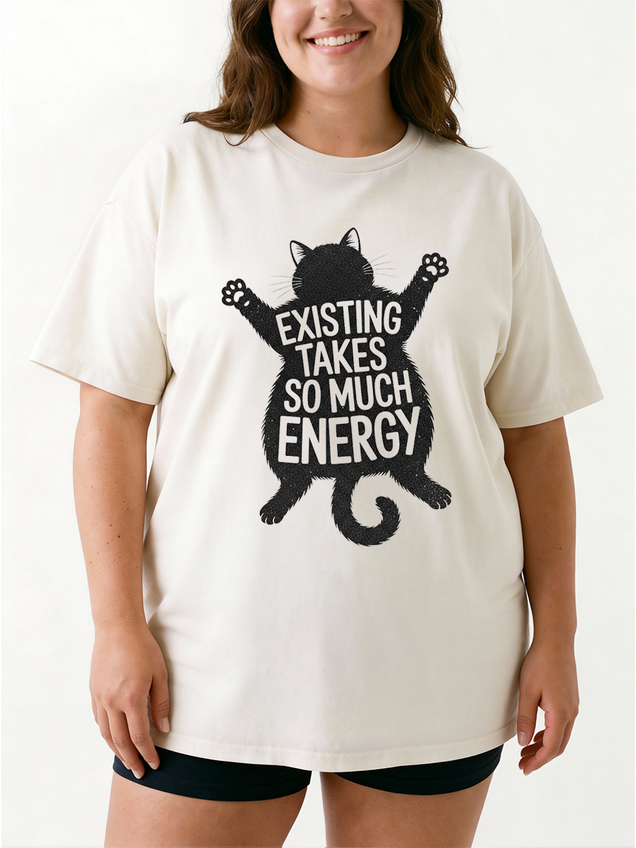 Vintage Existing Takes So Much Energy Cat Oversize Graphic Tee