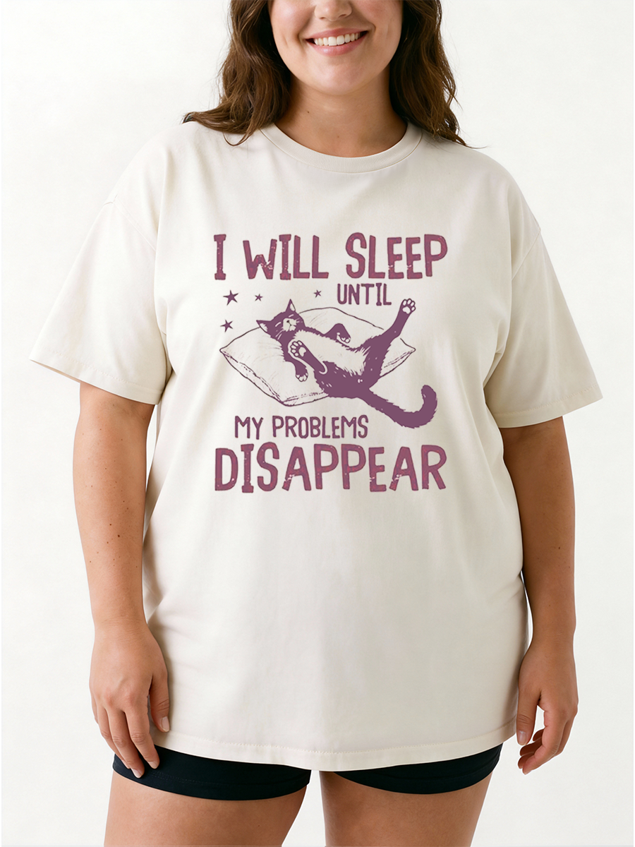 Vintage I Will Sleep Until My Problems Disappear Cat Oversize Graphic Tee