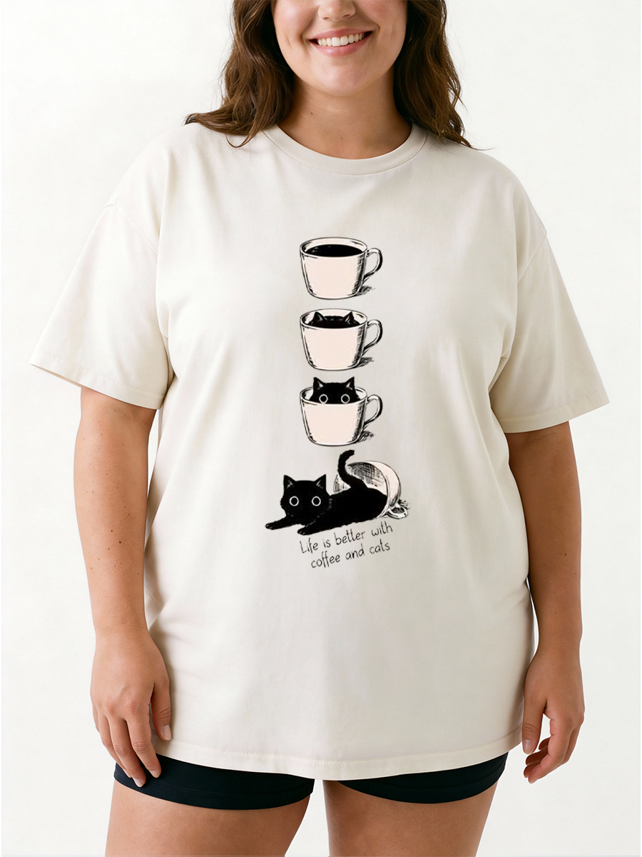 Vintage Life Is Better With Coffee And Cats Oversize Graphic Tee