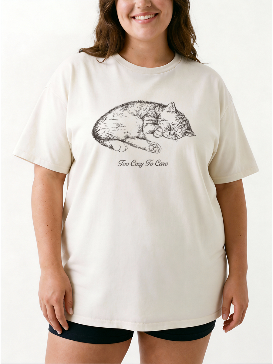 Vintage Too Cozy To Care Cat Oversize Graphic Tee