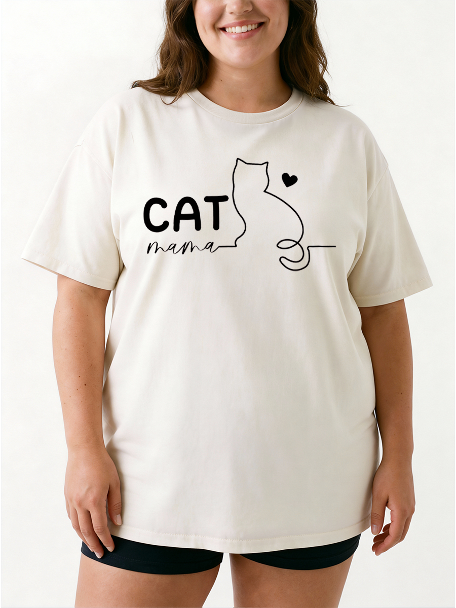 Vintage Minimalist Outline Cat Mama Oversize Graphic Tee