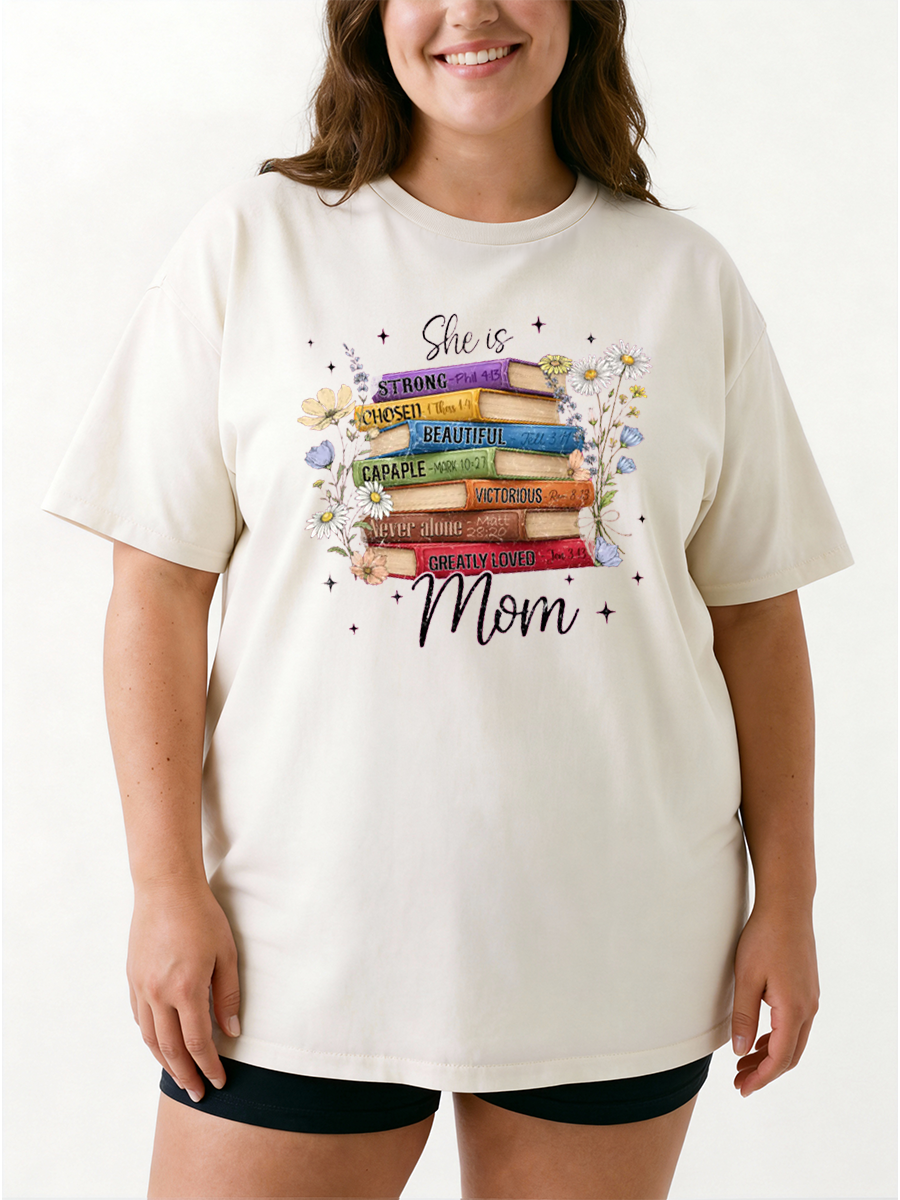 Vintage She Is Mom Floral Book Oversize Graphic Tee