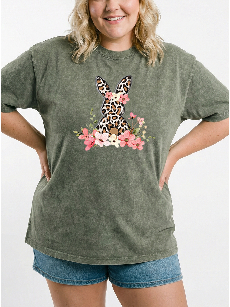 Vintage Floral Leopard Bunny Washed T-Shirt