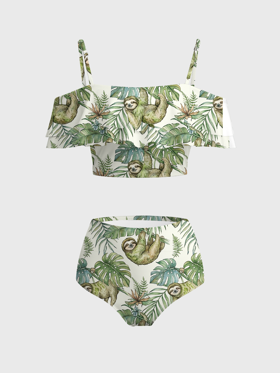 Vintage Sloth Hanging From Tropical Leaf Two Piece Ruffled Tankini Swimsuit
