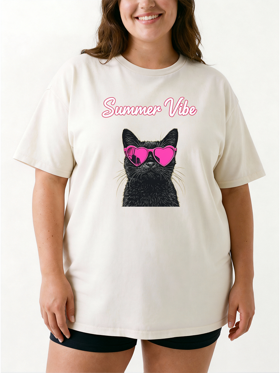 Vintage Summer Vibe Cool Cat Oversize Graphic Tee