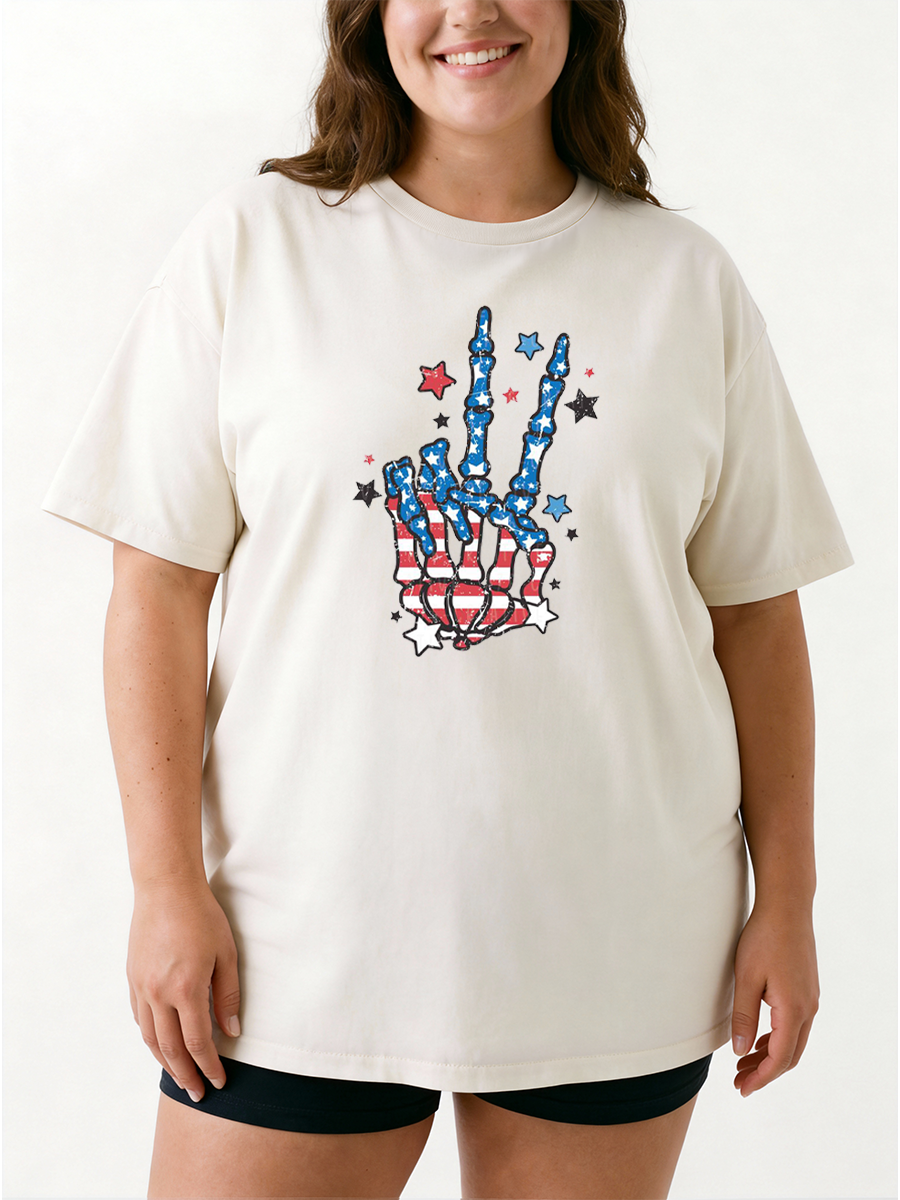 Vintage Patriotic Skeleton Peace Hand Oversize Graphic Tee