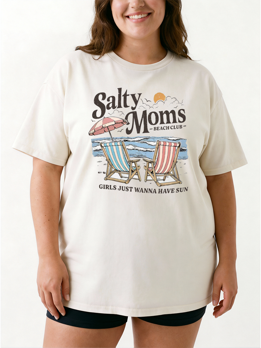 Vintage Salty Moms Beach Club Girls Just Wanna Have Sun Oversize Graphic Tee
