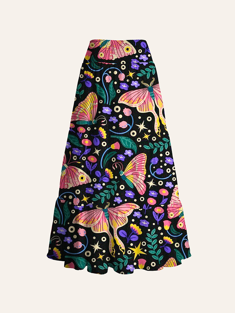 Boho Luna Moth And Flowers Convertible Maxi Skirts