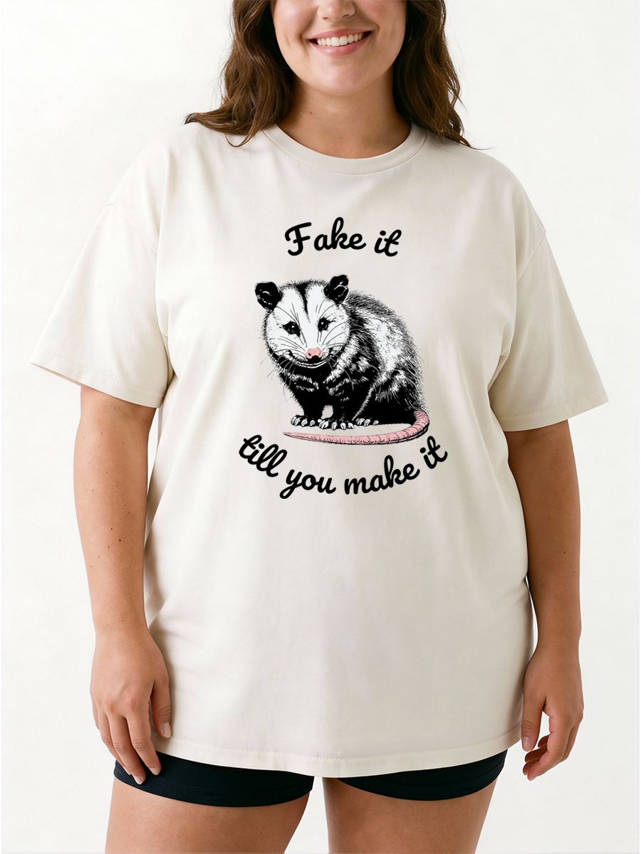 Vintage Fake It Till You Make It Funny Possum Oversize Graphic Tee