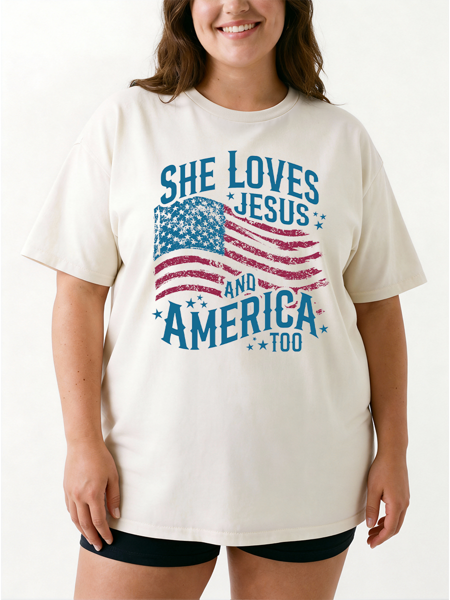 Vintage She Loves Jesus And America Too Patriotic Oversize Graphic Tee