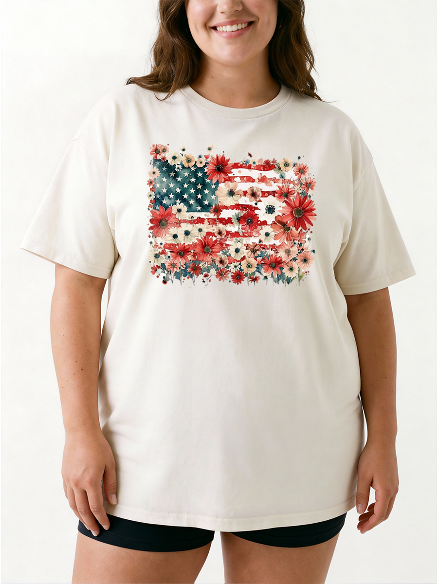 Vintage 250 Years Of Freedom Floral American Flag Oversize Graphic Tee