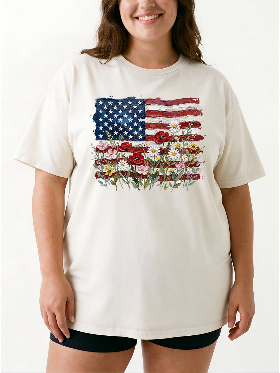 Vintage Patriotic Wildflower American Flag Oversize Graphic Tee