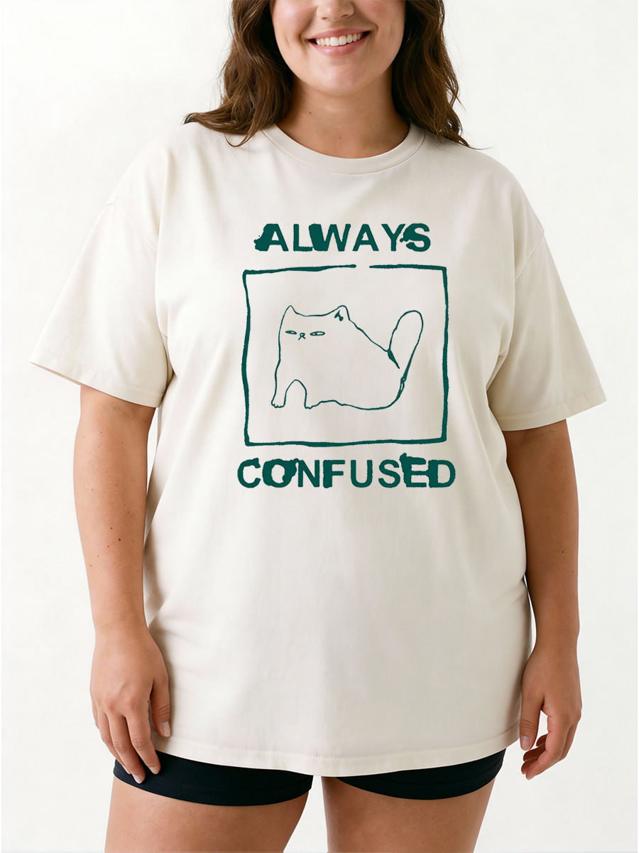 Vintage Always Confused Funny Cat Oversize Graphic Tee