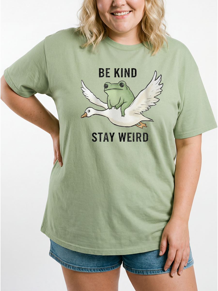 Vintage Be Kind Stay Weird Funny Frog Riding Goose Oversize Graphic Tee