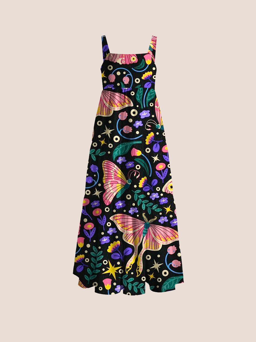 Boho Luna Moth And Flowers Adjustable Wide Straps Maxi Dress