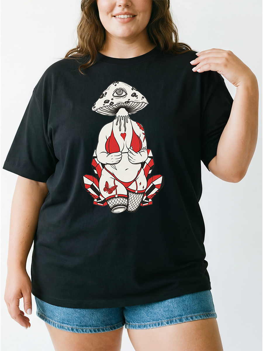 Vintage Confident Mushroom Woman Oversize Graphic Tee