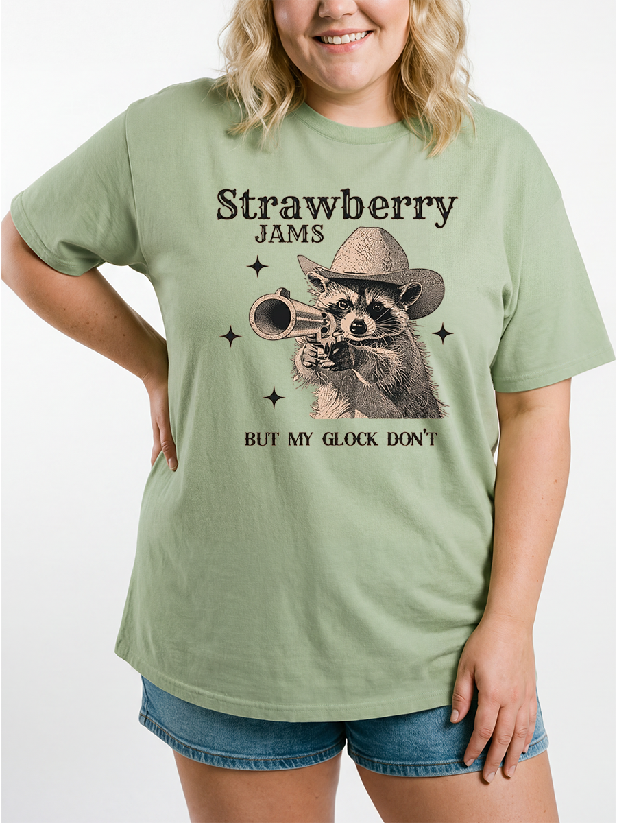 Vintage Strawberry Jams But My Glock Don'T Funny Raccoon Oversize Graphic Tee