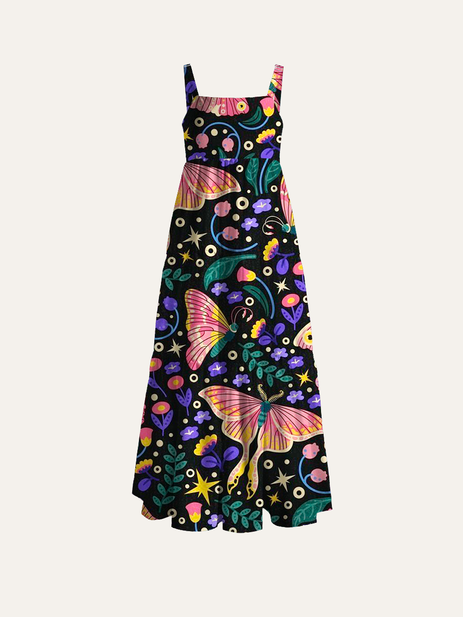 Boho Luna Moth And Flowers Adjustable Wide Straps Maxi Dress