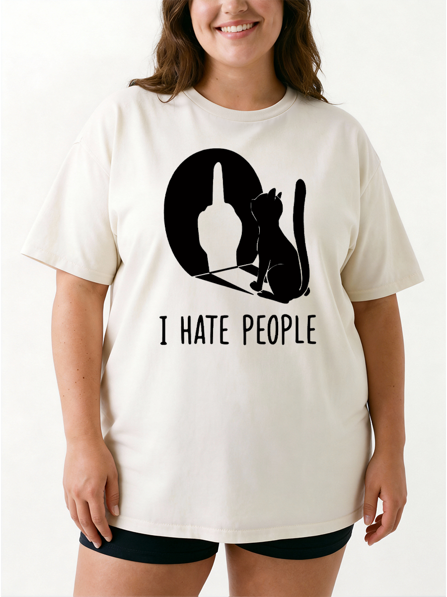 Vintage I Hate People Funny Cat Oversize Graphic Tee