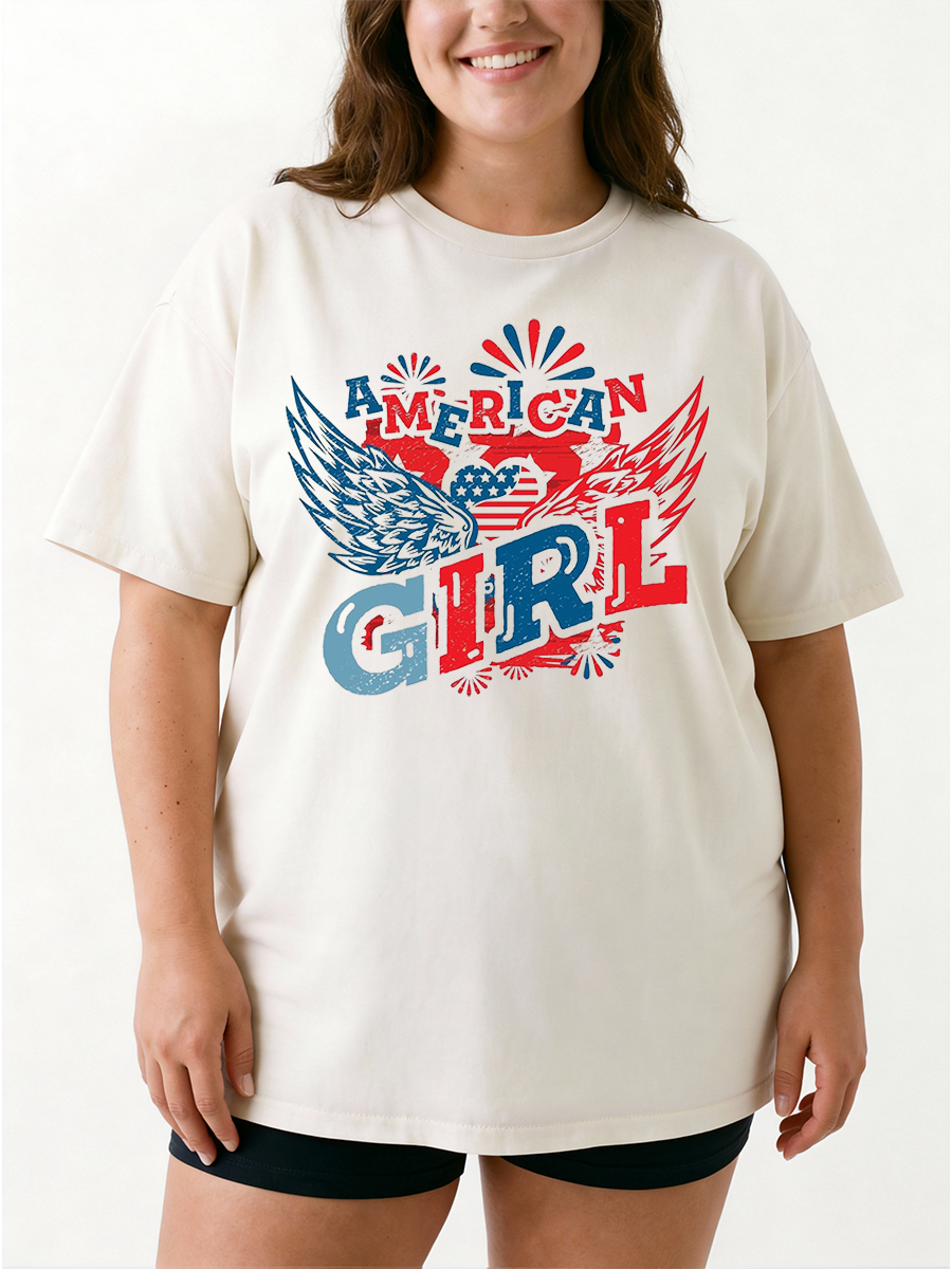 Vintage America Girl With Fireworks Oversize Graphic Tee
