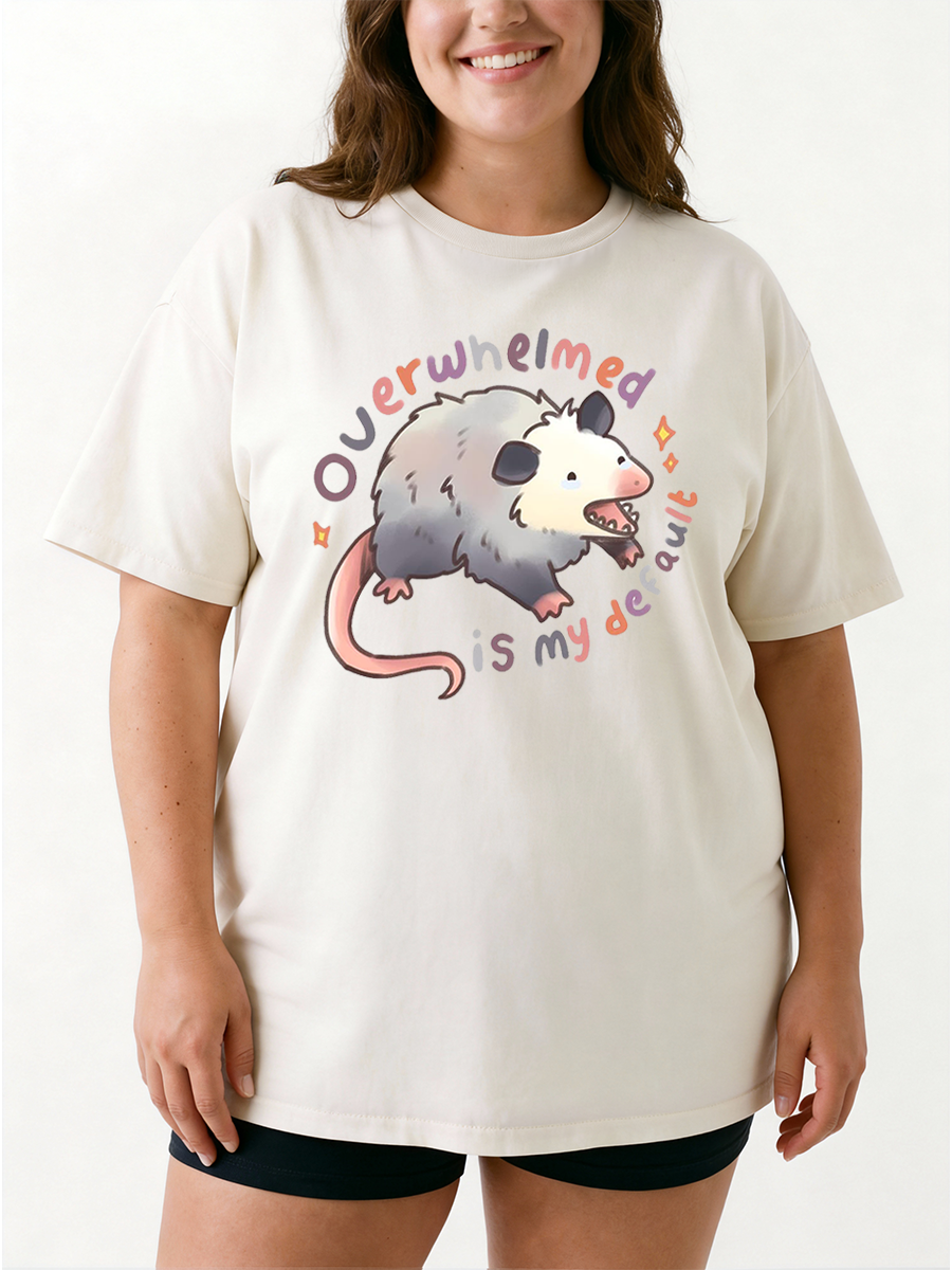 Vintage Overwhelmed Is My Default Funny Possum Oversize Graphic Tee