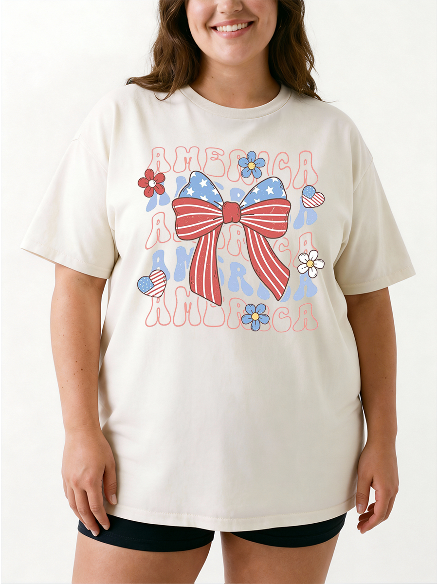 Vintage Red White And   Blue America Bow Oversize Graphic Tee