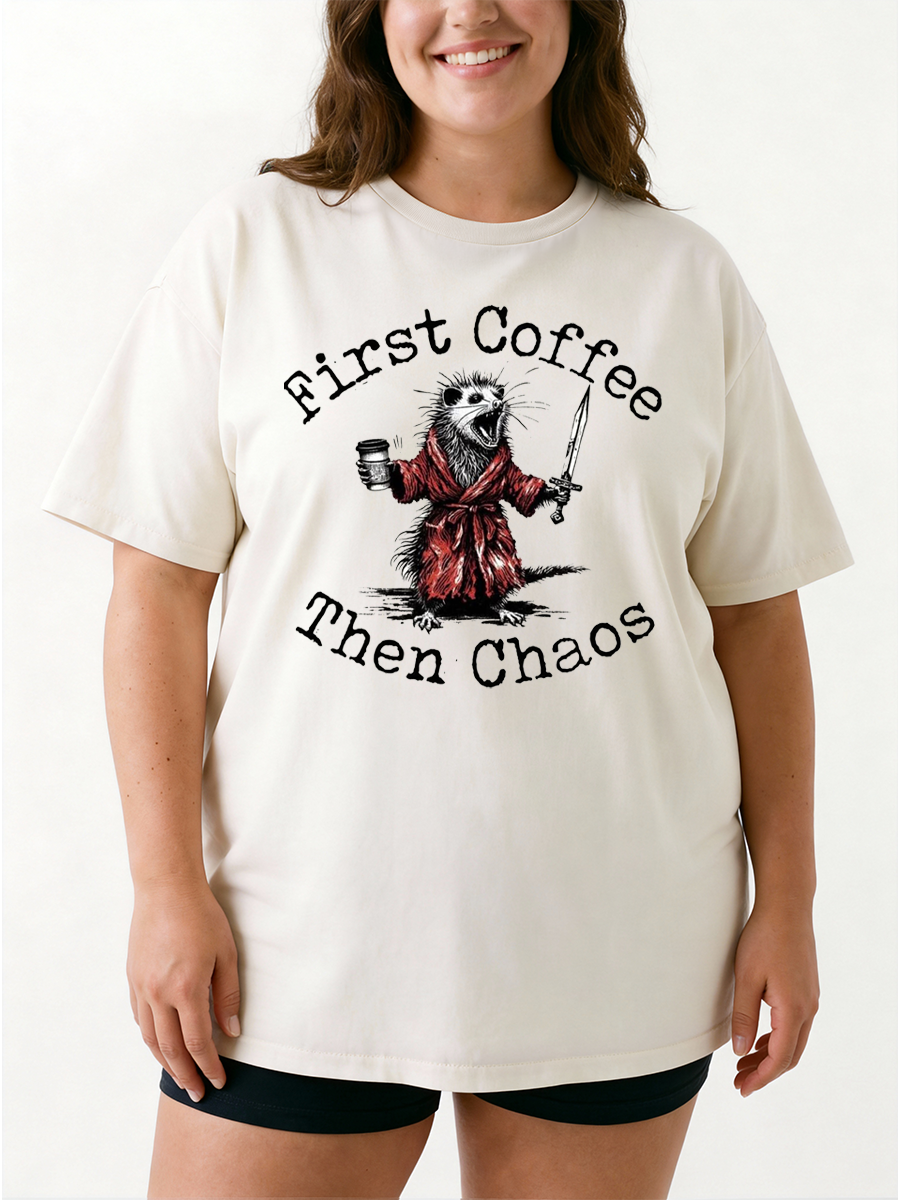 Vintage First Coffee Then Chaos Funny Possum Oversize Graphic Tee