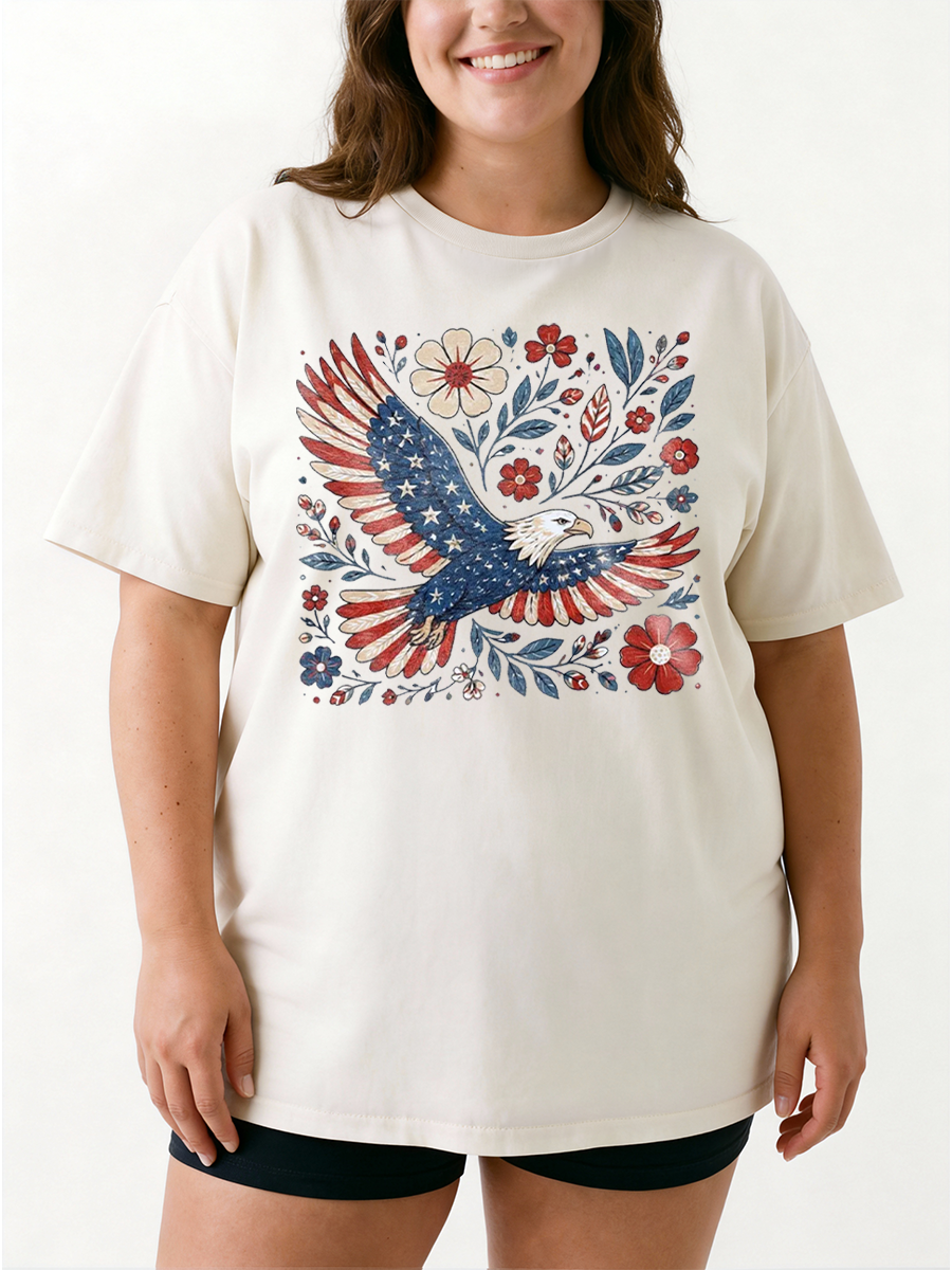 Vintage Floral Patriotic Eagle America Oversize Graphic Tee
