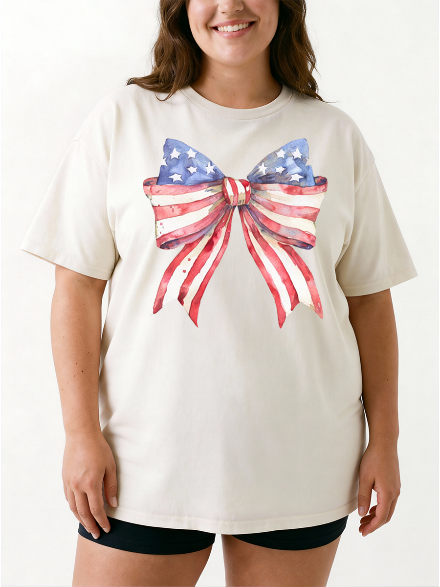 Vintage Red White And Blue Bow For Independence Day Oversize Graphic Tee