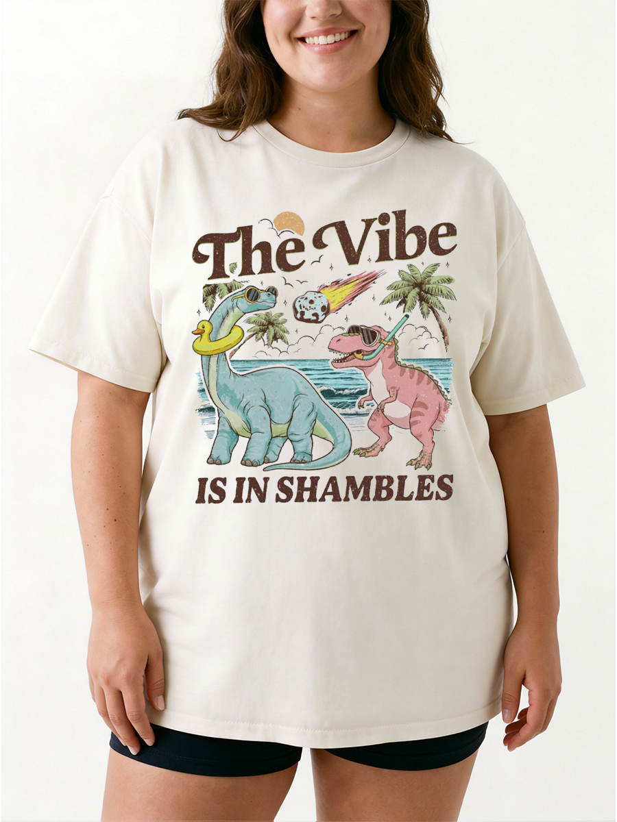 Vintage The Vibe Is In Shambles Funny Dinosaur Oversize Graphic Tee