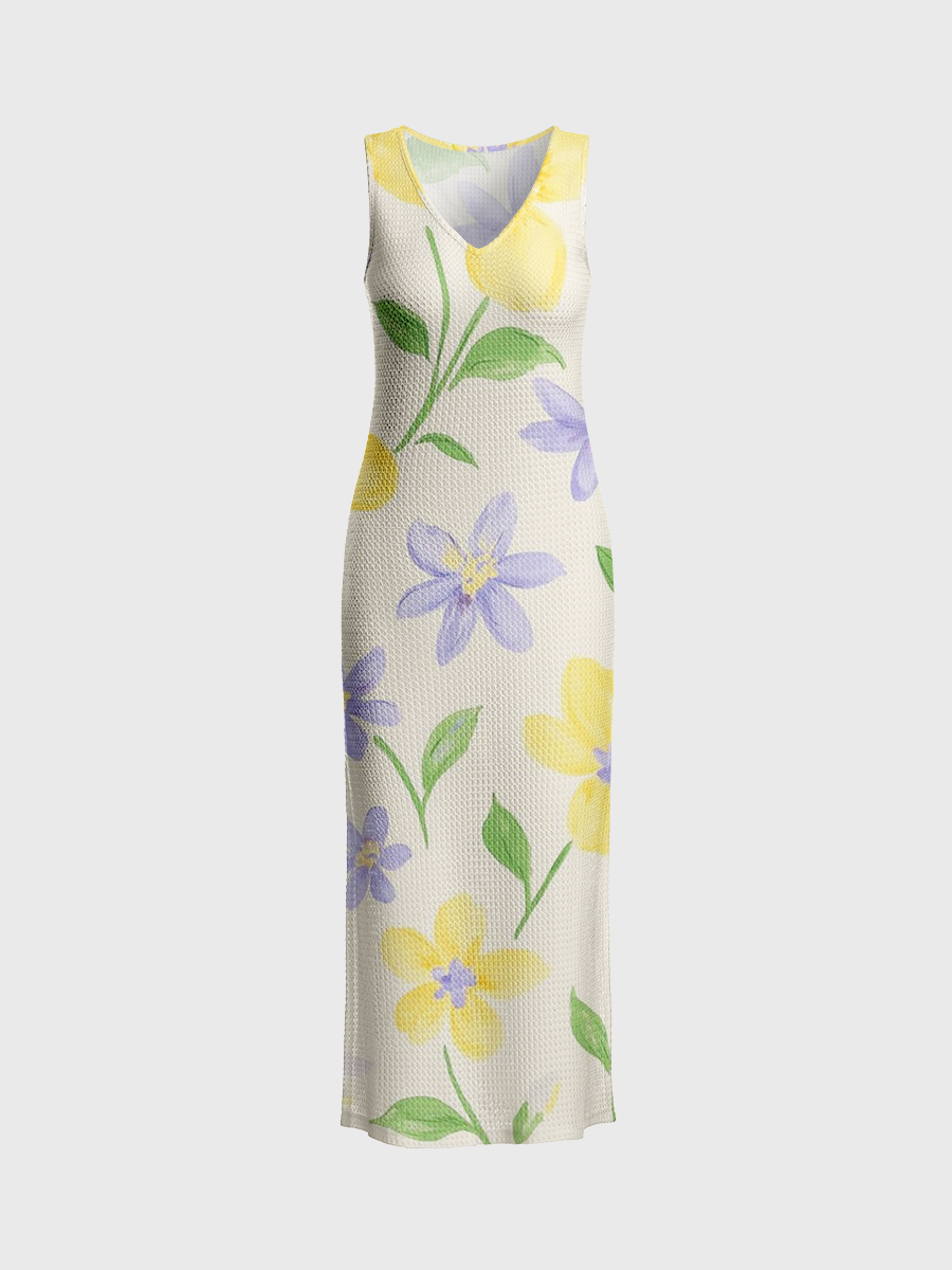 Pastel Watercolor Meadow Open Stitch Midi Dress