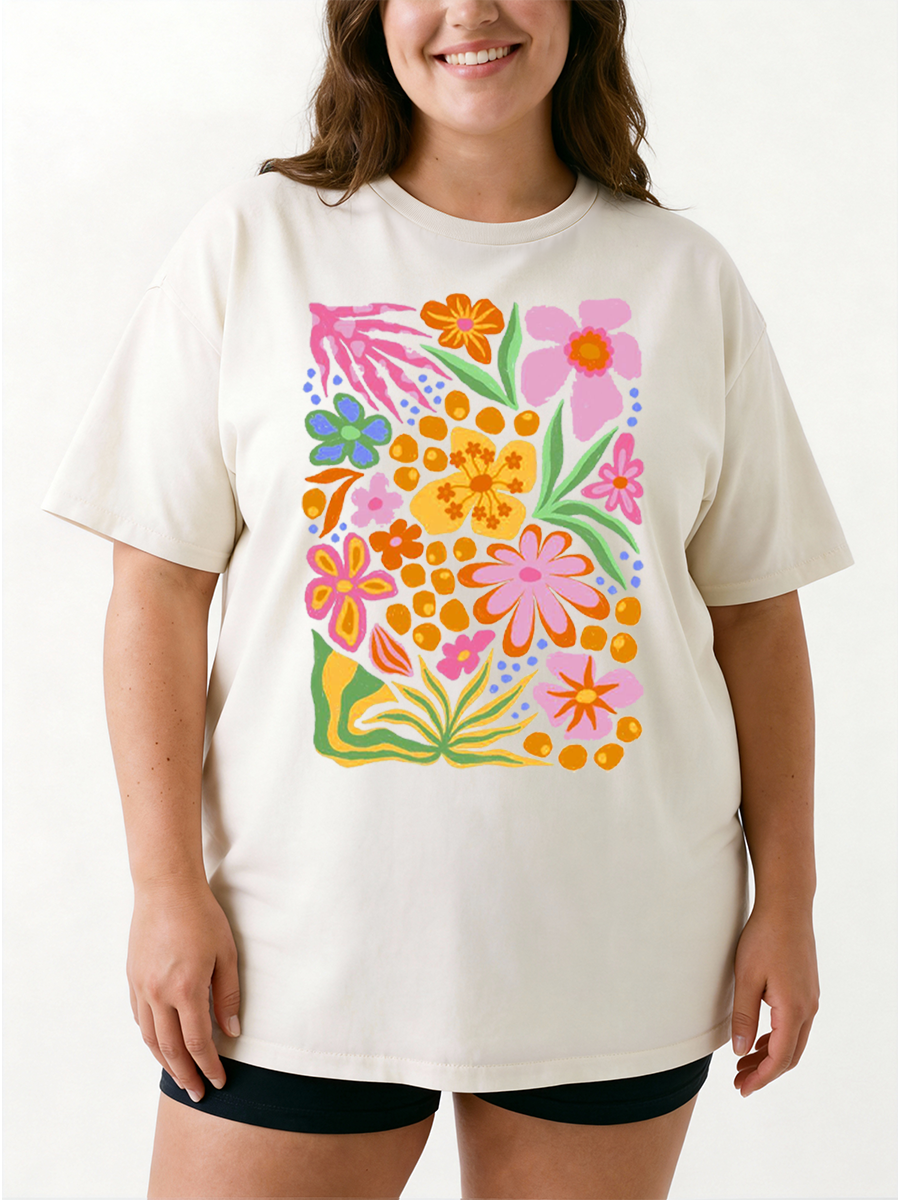 Vintage Bright Tropical Cutout Floral Oversize Graphic Tee