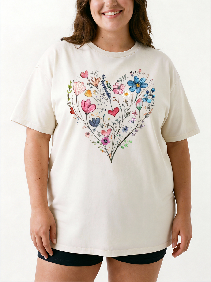 Vintage  Botanical Floral Heart Oversize Graphic Tee