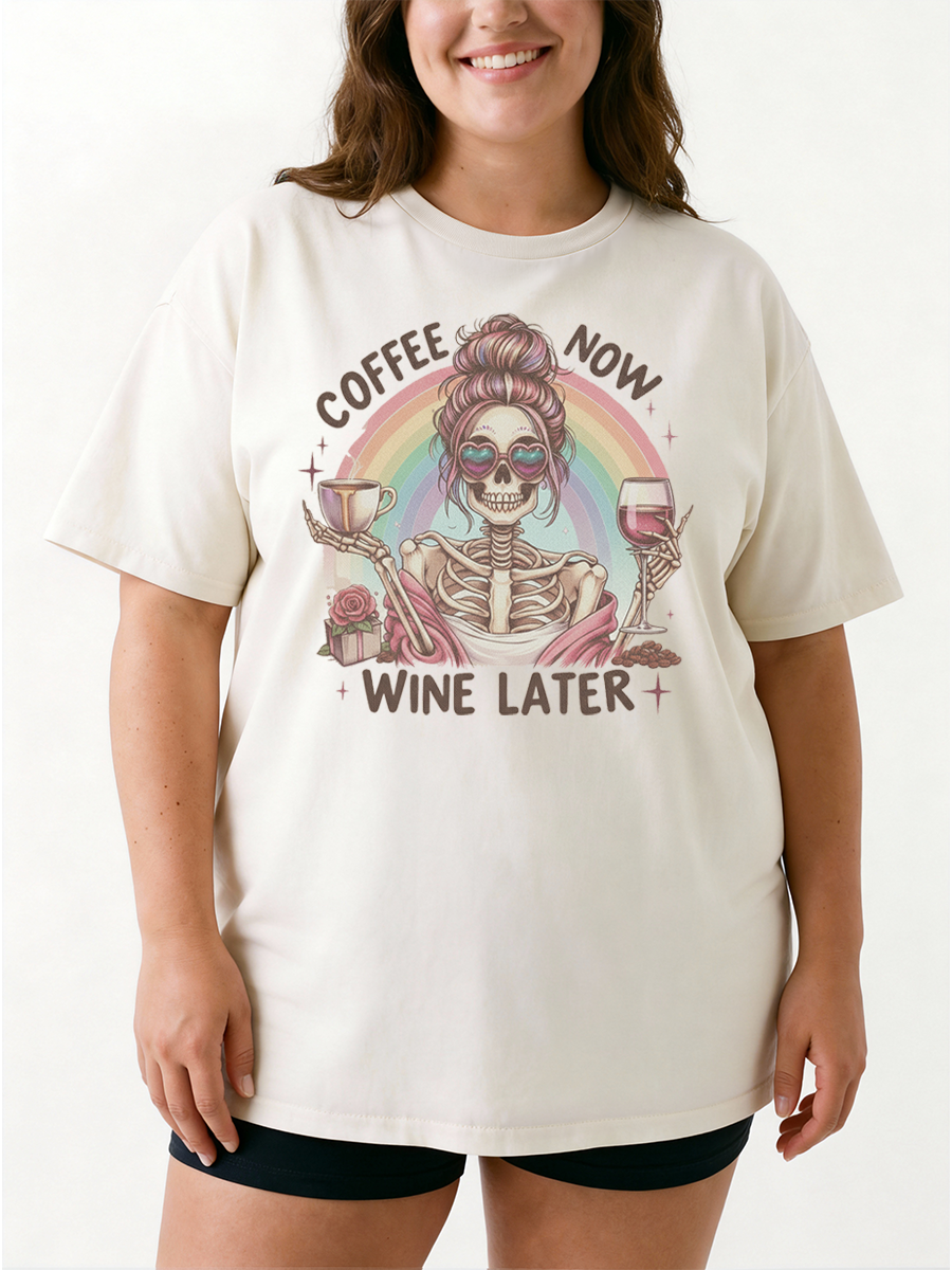 Vintage Funny Back To School Mom Coffee Now Wine Later Oversize Graphic Tee