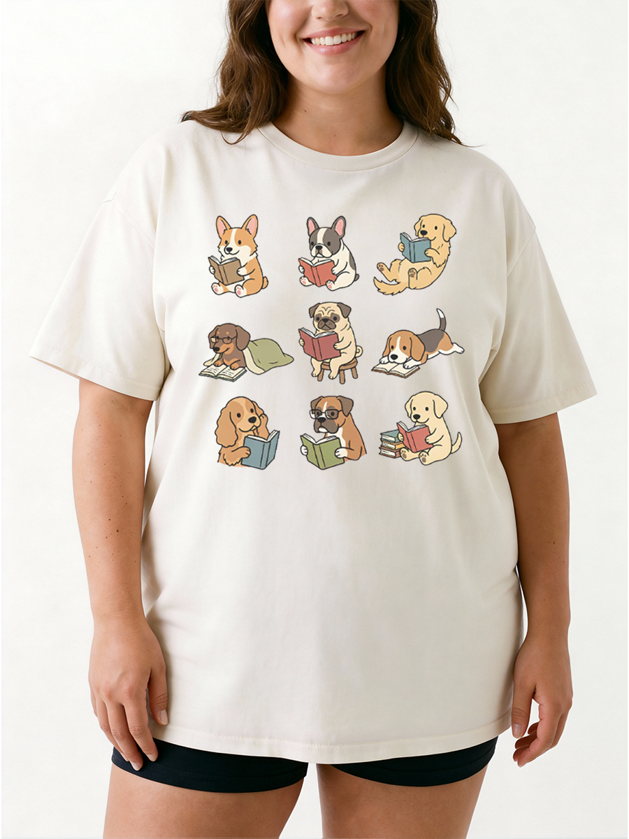 Vintage Funny Dog Reading Oversize Graphic Tee