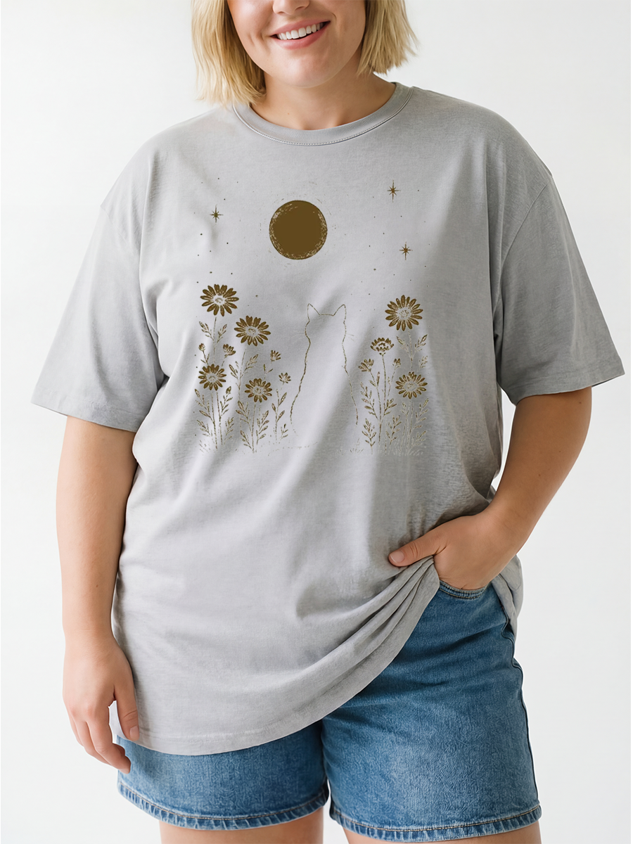 Vintage Cat And Moon Oversize Graphic Tee