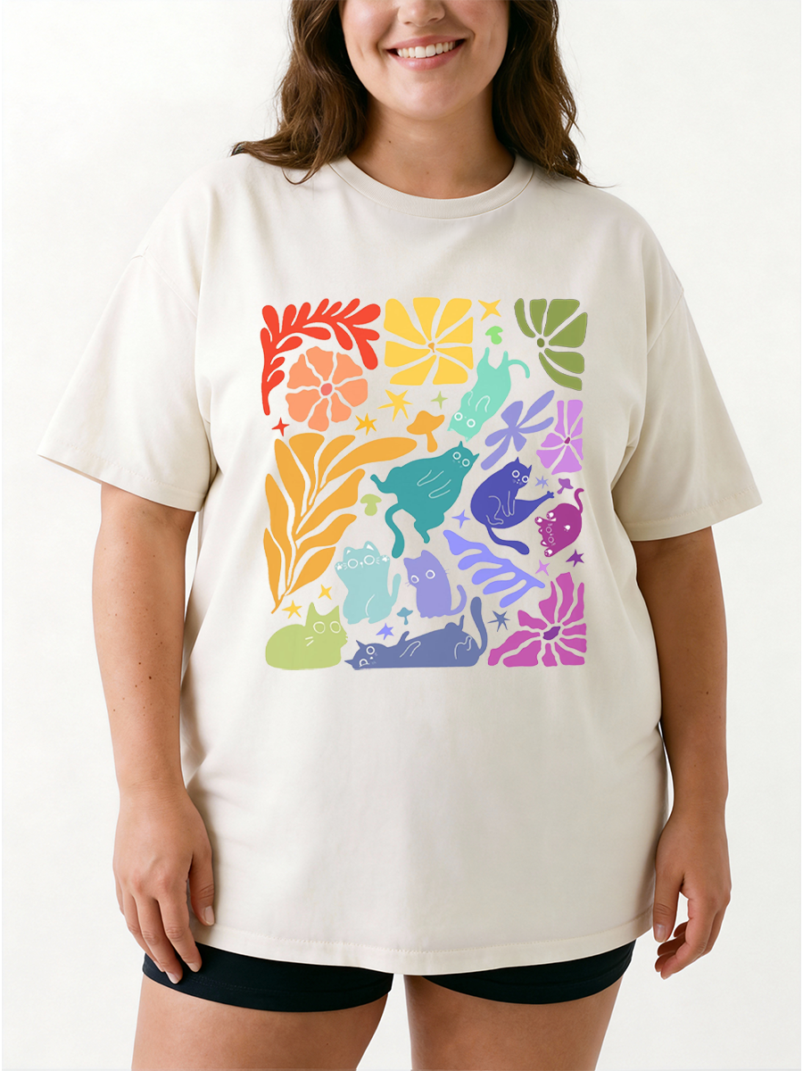 Vintage Floral Rainbow Cats Oversize Graphic Tee