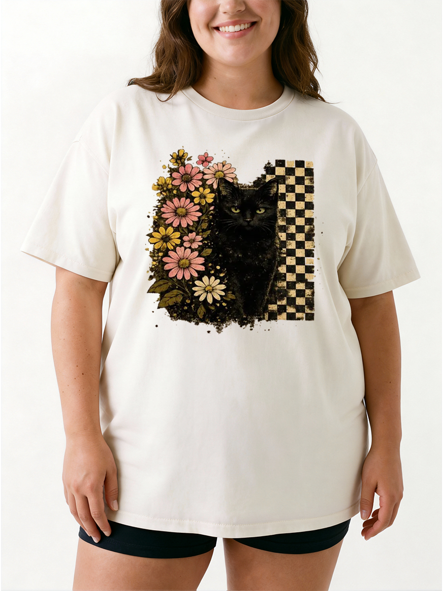 Vintage Black Cat Floral Halloween Oversize Graphic Tee